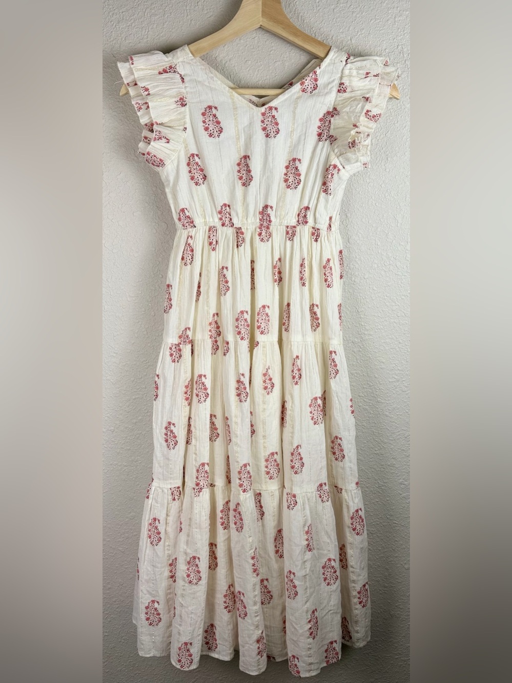 A Loves A Girls Ivory Floral Metallic Accent Boho Tiered Flutter Maxi Dress M